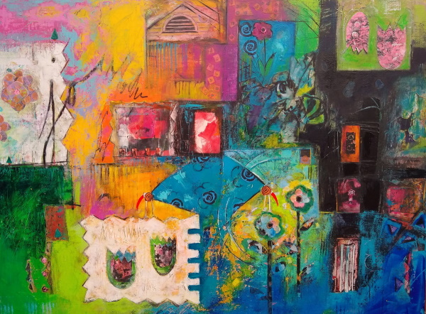 This is a colorful, abstract painting about joy.