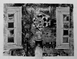 A pen and ink drawing with collage elements showing a water spigot and two windows.