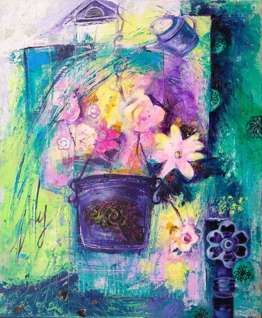This is a painting of a hanging pot of flowers and the word "joy."
