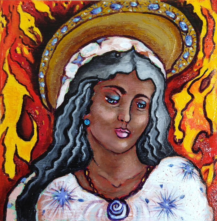 This is a painting of the Virgin Mary with a ring of fire around her head.