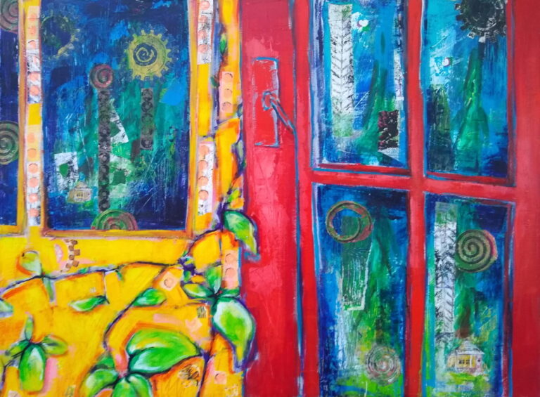 This is a painting of a red door and a yellow window.