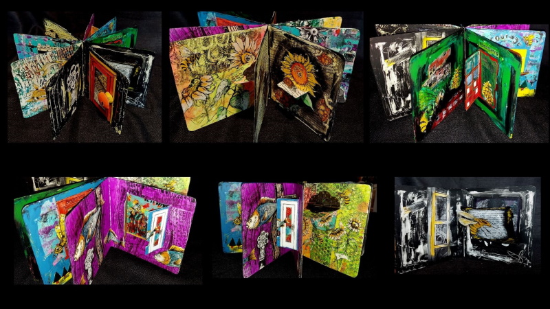 This is a photo of a collage and assemblage sculpture. It uses a reinvented baby board book. The pages of the board book (and the flaps and doors) are covered with gelli plate collage papers and hand drawings on paper. A reimagined lamp base lets this sculpture spin with the turn of your hand.
