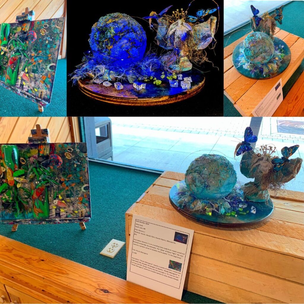 This sculpture, Genesis 2, is on a rotating base made from maple wood and finshed to look like sky and water. The 3D relief, “Plastic Menagerie,” depicts a variety of plastics mixed with underwater life.